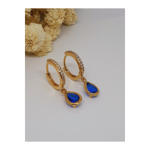 Mavi Taşlı Gold Küpe...